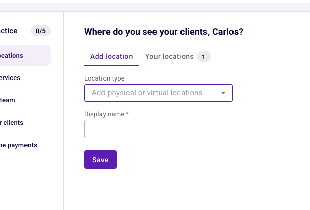 Locations step on landing: Add location tab active with an empty Location type dropdown