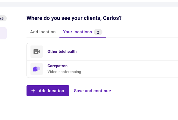 Your locations list showing Other telehealth and Carepatron Video conferencing